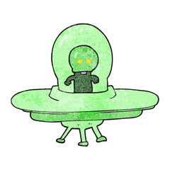 freehand textured cartoon alien in flying saucer