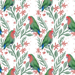 Seamless Pattern with Birds and Flowers, Vintage Bird Pattern with White Background, Digital Paper for Scrapbook, Cute Bird Print image, Beautiful Scrapbook Paper, Tropical and Colorful