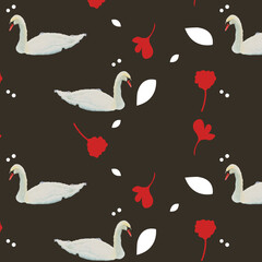 Seamless Pattern with Swans, Vintage Bird Pattern with Black Background, Digital Paper for Scrapbook, Cute Bird Print image, Beautiful Scrapbook Paper, Red Flowers in the Background