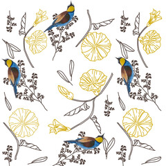 Bird and Flower Seamless Pattern, Vintage Bird Pattern, Colorful Paper for Scrapbook, Cute Bird Print image, Beautiful Scrapbook Paper, Yellow and Brown