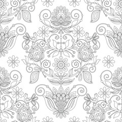 Seamless Pattern with The Tree of Life Inspired by Ukrainian Traditional Embroidery. Floral Motif, Handmade Craft Art. Textile, Wrapping Paper, Wallpaper. Coloring Book. Vector Contour Illustration