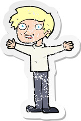 retro distressed sticker of a cartoon enthusiastic man