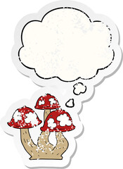 cartoon mushrooms with thought bubble as a distressed worn sticker
