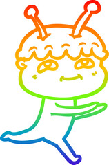 rainbow gradient line drawing of a friendly cartoon spaceman running