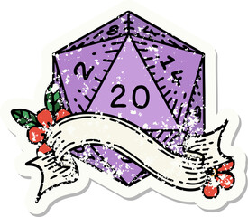 grunge sticker of a natural twenty D20 dice roll
