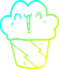 cold gradient line drawing of a cartoon cupcake with face