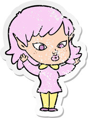 distressed sticker of a pretty cartoon elf girl