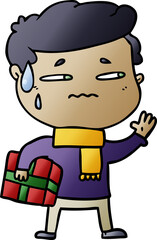 Fototapeta premium cartoon anxious man with christmas gift