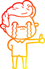 warm gradient line drawing of a cartoon man crying