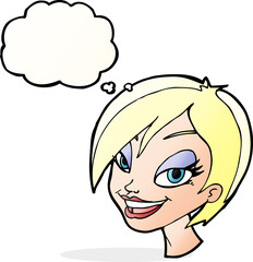 cartoon pretty female face with thought bubble