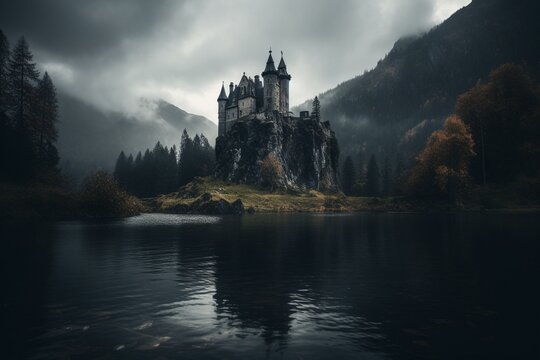 A spooky mountain castle on a lake hill, with dark shades and clouds in high res art. Generative AI