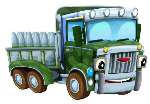 cartoon happy and funny off road military truck isolated artistic painting