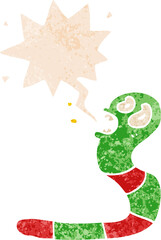 cartoon frightened worm with speech bubble in grunge distressed retro textured style