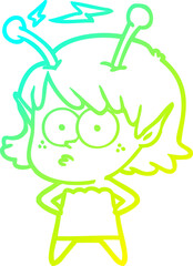 cold gradient line drawing of a cartoon alien girl