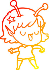 warm gradient line drawing of a happy alien girl cartoon