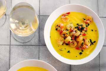 Venetian shrimps with polenta.top veiw.selective focus