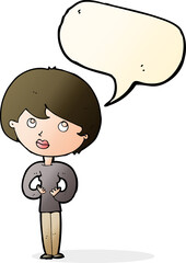 cartoon woman making Who Me? gesture with speech bubble