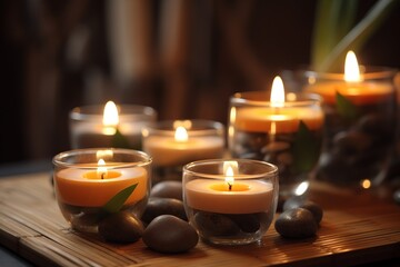 Obraz na płótnie Canvas Spa concept with wellness and health therapy elements. Ai. Bamboo candles and stones spa still life 