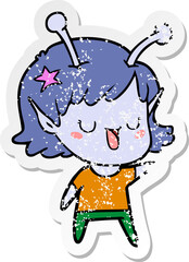 distressed sticker of a happy alien girl cartoon