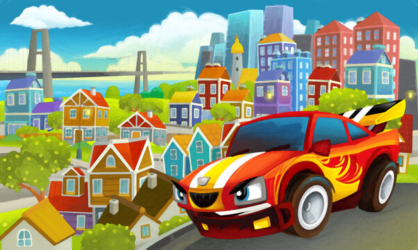 cartoon sports car speeding in the city illustration artistic painting