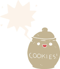 cute cartoon cookie jar with speech bubble in retro style