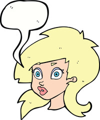 cartoon pretty surprised woman with speech bubble