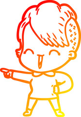 warm gradient line drawing of a cartoon happy hipster girl