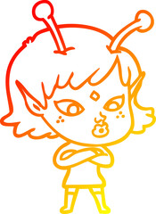 warm gradient line drawing of a pretty cartoon alien girl