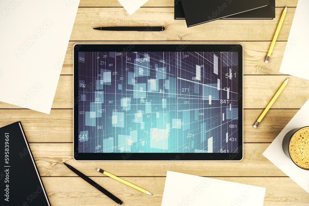 Poster stats data illustration on modern digital tablet monitor, computing and analytics concept. top view.