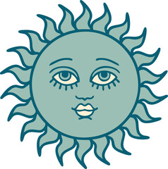 iconic tattoo style image of a sun with face