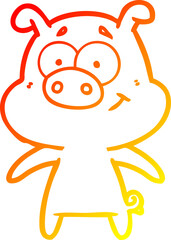 warm gradient line drawing of a happy cartoon pig