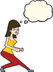 cartoon crazy dancing girl with thought bubble