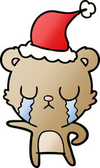 crying hand drawn gradient cartoon of a bear wearing santa hat