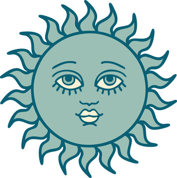 iconic tattoo style image of a sun with face
