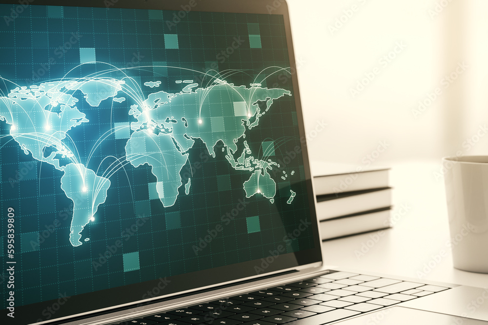Aufkleber computer monitor with abstract graphic digital world map with connections, globalization concept. 3d