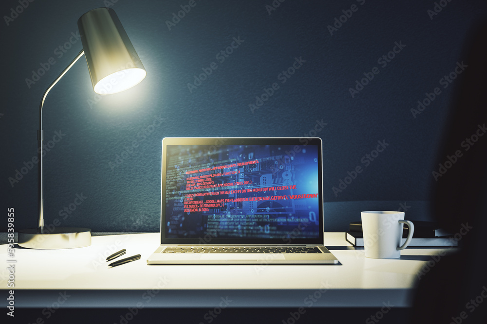 Poster modern computer display with abstract software development hologram, research and analytics concept.