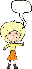 cartoon happy girl giving thumbs up symbol with speech bubble