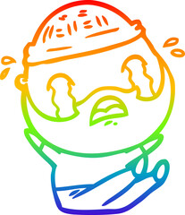 rainbow gradient line drawing of a cartoon bearded man crying