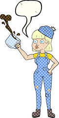 freehand drawn comic book speech bubble cartoon female worker with coffee mug