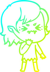 cold gradient line drawing of a annoyed cartoon vampire girl