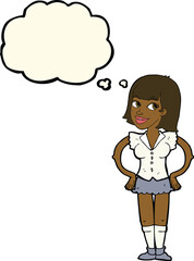 cartoon woman with hands on hips with thought bubble