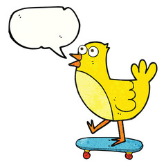 freehand speech bubble textured cartoon bird on skateboard