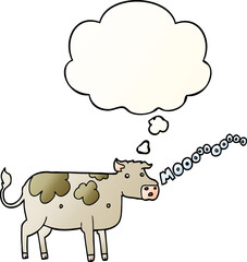 cartoon cow with thought bubble in smooth gradient style