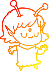 warm gradient line drawing of a cartoon alien girl dancing