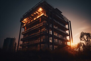 Building structure illuminated by warm light during sunset. Generative AI