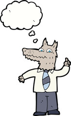 cartoon business wolf with idea with thought bubble