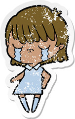 distressed sticker of a cartoon woman crying