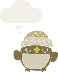 cute cartoon owl in hat with thought bubble in retro style