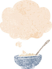 cartoon bowl of rice with thought bubble in grunge distressed retro textured style