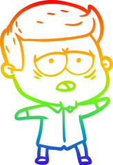 rainbow gradient line drawing of a cartoon tired man